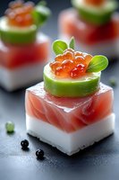 Elegant sushi cube appetizer with fresh salmon, avocado slice, and red caviar garnished with micro greens on dark background. Perfect for gourmet menu presentation.
