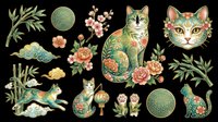 Ornate Asian-style cats with floral and bamboo elements, isolated on transparent background. Great for stickers, t-shirt design, print on demand, and sublimation clipart.