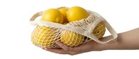 Hands holding a reusable cotton mesh bag filled with fresh yellow lemons, eco-friendly shopping concept on white background.