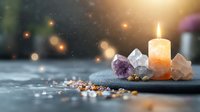 Glowing candle with healing crystals and amethyst on dark textured surface, magical bokeh lights creating spiritual atmosphere for meditation and wellness.