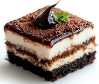 Layered chocolate dessert with cream filling, dark chocolate ganache topping, cocoa powder, and mint garnish on white background. Perfect for menu design.