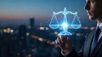 Professional businessman holding glowing digital justice scales hologram over city skyline at dusk representing legal technology and law firm services.