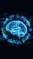 Glowing blue brain with technology icons on dark background. Artificial intelligence, machine learning, innovation concept for digital transformation projects.