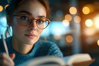 Young Caucasian woman with glasses reading book in cozy evening light with warm bokeh background for education and lifestyle concepts.