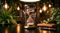 Vintage hourglass with warm lighting and green plants creates cozy atmosphere for time management and productivity concepts in home office setting.