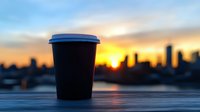 Black paper coffee cup against urban sunset skyline silhouette, placed on wooden surface with golden sun and blue sky, creating atmospheric morning mood.