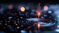 Glowing needle creates rippling circles in dark liquid surface with blurred bokeh lights, dramatic macro photography for abstract background design and concepts.