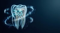 Digital tooth anatomy with glowing neural networks and data streams for dental technology and healthcare innovation concepts.