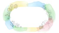 Watercolor floral frame with delicate line art flowers and plants on pastel rainbow background. Copy space for text, invitations, greeting cards.