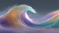 Majestic ocean wave in rainbow colors against dark sky, with sparkling water drops and ethereal light effects creating dreamy atmospheric seascape.