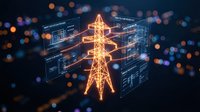 Glowing electric power transmission tower with digital interface screens and data analytics on dark background with bokeh lights for energy technology.