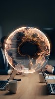 Glowing holographic Earth globe with network connections on modern office desk with laptop and coffee cup for business technology presentations.