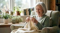 Senior Caucasian woman knitting cream sweater in cozy armchair by sunny window with houseplants, peaceful retirement hobby at home.