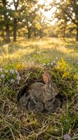 Wild rabbit family with babies nestled in grass during golden hour sunset in natural woodland habitat for wildlife photography and nature content.