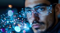 Young Hispanic man wearing protective glasses with digital particle effects, blue technology concept visualization against dark background with bokeh lights.
