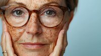 Mature Caucasian woman with freckles and eyeglasses holding her face in hands against light blue background, expressing warmth and confidence. For wellness and aging concepts.