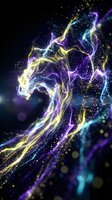 Abstract glowing energy waves with luminous particles flowing in purple, yellow, and cyan colors against dark background. Suitable for technology, science, and digital design projects.