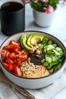 Fresh buddha bowl with quinoa, hummus, avocado, cherry tomatoes, cucumber, black sesame seeds and almonds served with coffee on marble background.