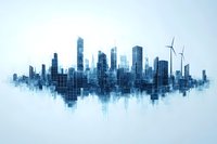 Modern city skyline with wind turbines reflected in water, featuring sustainable urban development in blue monochromatic tones against light background.