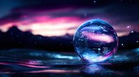 Mystical glass sphere reflecting purple sunset sky and mountains, glowing on wet surface with bokeh lights and starry background. Magical nature photography.