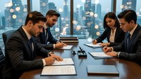 Professional business team meeting in modern conference room with city skyline view. Corporate executives reviewing contracts and documents during evening.