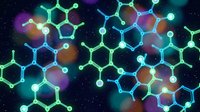 Glowing molecular structures with neon connections on dark background for scientific research, chemistry education and biotechnology presentations.
