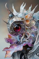 Ornate fantasy crown with iridescent gemstones and silver details, featuring intricate metalwork, purple and blue crystals, and a central red jewel against ethereal leaves.