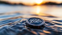 Metallic coin with number 2023 floating on rippling water surface at sunset, golden sun reflection creates atmospheric mood. Concept for new year.