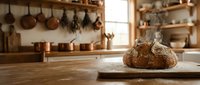Freshly baked artisan sourdough bread loaf on wooden cutting board in rustic farmhouse kitchen with copper cookware and natural lighting for bakery concepts.