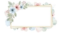 Watercolor floral frame with pastel flowers, leaves, and gold border on white isolated background, ready for invitations, greeting cards, and design projects.
