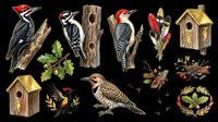 Woodpecker clipart set with birdhouses, feathers, berries, and oak leaves, isolated on transparent background. Great for t-shirt design, stickers, print on demand, sublimation.