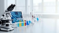 Modern laboratory workspace with microscope and colorful chemical samples in test tubes for scientific research and medical analysis.