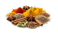 Colorful aromatic spices and herbs collection with turmeric, paprika, cinnamon, star anise, cardamom and coriander seeds isolated on white background.