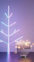 Modern neon Christmas tree with glass ornaments and menorah on purple gradient background for holiday celebration and interfaith festivities.