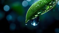 Fresh green leaf with water droplets against blurred bokeh background showcasing nature's purity and environmental conservation concepts for eco-friendly designs.