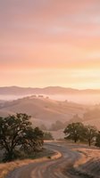 Scenic rolling hills with winding dirt road at sunrise, scattered oak trees, and misty valleys creating a serene rural landscape for travel, nature, and countryside design projects.