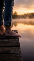 Person wearing rolled denim jeans standing barefoot on wooden dock at sunrise over misty lake, contemplative outdoor lifestyle moment for wellness and nature themes.
