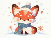 Cute red fox in winter knit hat and scarf surrounded by falling snow and snowflakes, kawaii animal character with soft pastel colors on light background.