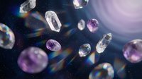 Floating diamonds and gemstones with rainbow light reflections against deep space background with bright lens flare and cosmic atmosphere.