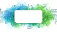 Digital technology banner with circuit board elements and blank white frame for text on blue green gradient background.