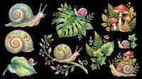 Colorful snails, mushrooms, and botanical elements isolated on transparent background. Ready for t-shirt design, clipart, stickers, sublimation, and print-on-demand projects.