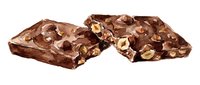 Broken chocolate bars with nuts and caramel pieces isolated on white background, ready for food photography, advertising, and culinary design projects.