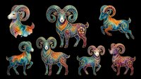 Colorful ornate rams set with intricate patterns, isolated on transparent background. Great for zodiac clipart, stickers, t-shirt design, print on demand, and sublimation projects.