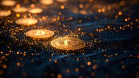 Golden cryptocurrency coins on dark surface with glowing sparkles and bokeh lights creating magical atmosphere for finance and digital currency concept.