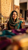 Happy young Middle Eastern woman in colorful traditional headscarf smiling at spice market with warm golden lighting and ornate carpets in background.