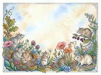 Watercolor mice family in a floral garden frame with copy space, featuring wildflowers, berries, and lush greenery in soft vintage tones.