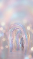 Iridescent pastel tunnel with glowing bokeh lights, soft pink and pearl tones creating a dreamy surreal corridor for luxury backgrounds.