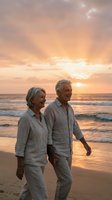 Happy senior couple walking on beach at sunset enjoying romantic vacation together in casual linen clothing with golden sky and ocean waves.