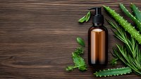 Brown glass cosmetic bottle with pump dispenser surrounded by fresh aloe vera leaves, rosemary sprigs and green herbs on dark wooden background. Natural skincare concept.