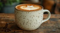Creamy latte art in speckled ceramic mug on rustic wooden table, featuring delicate leaf pattern design in foam against rich espresso background.